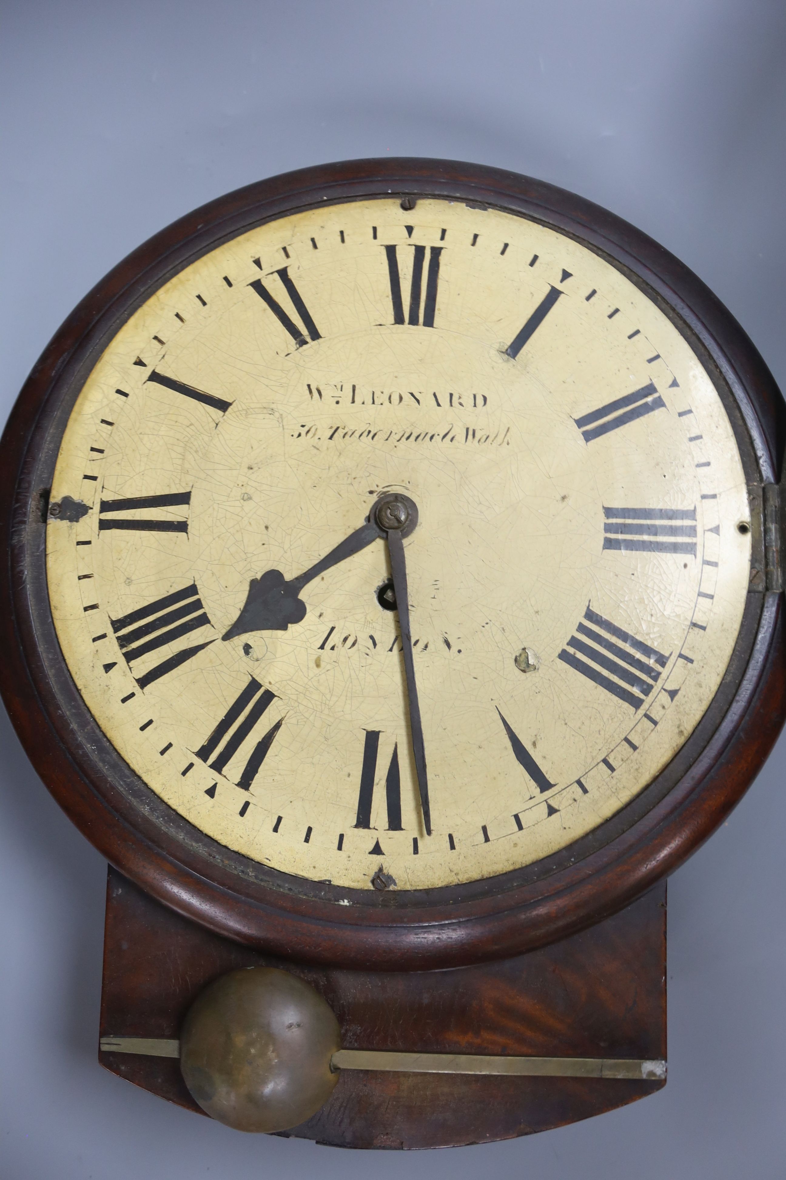 William Leonard, 50 Tabernacle Walk, London. A 19th century mahogany drop dial fusee wall timepiece, length 32cm